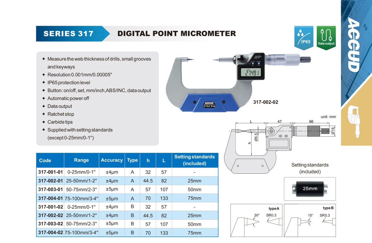 ميكرومتر خارجى ديجيتال بنهايه نقطه لقياس الاجزاء الرفيعه والجروف الصغيره 0 25 مم دقة IP65 0.001mm/0.00005 317 إنفينيتي للتجارة