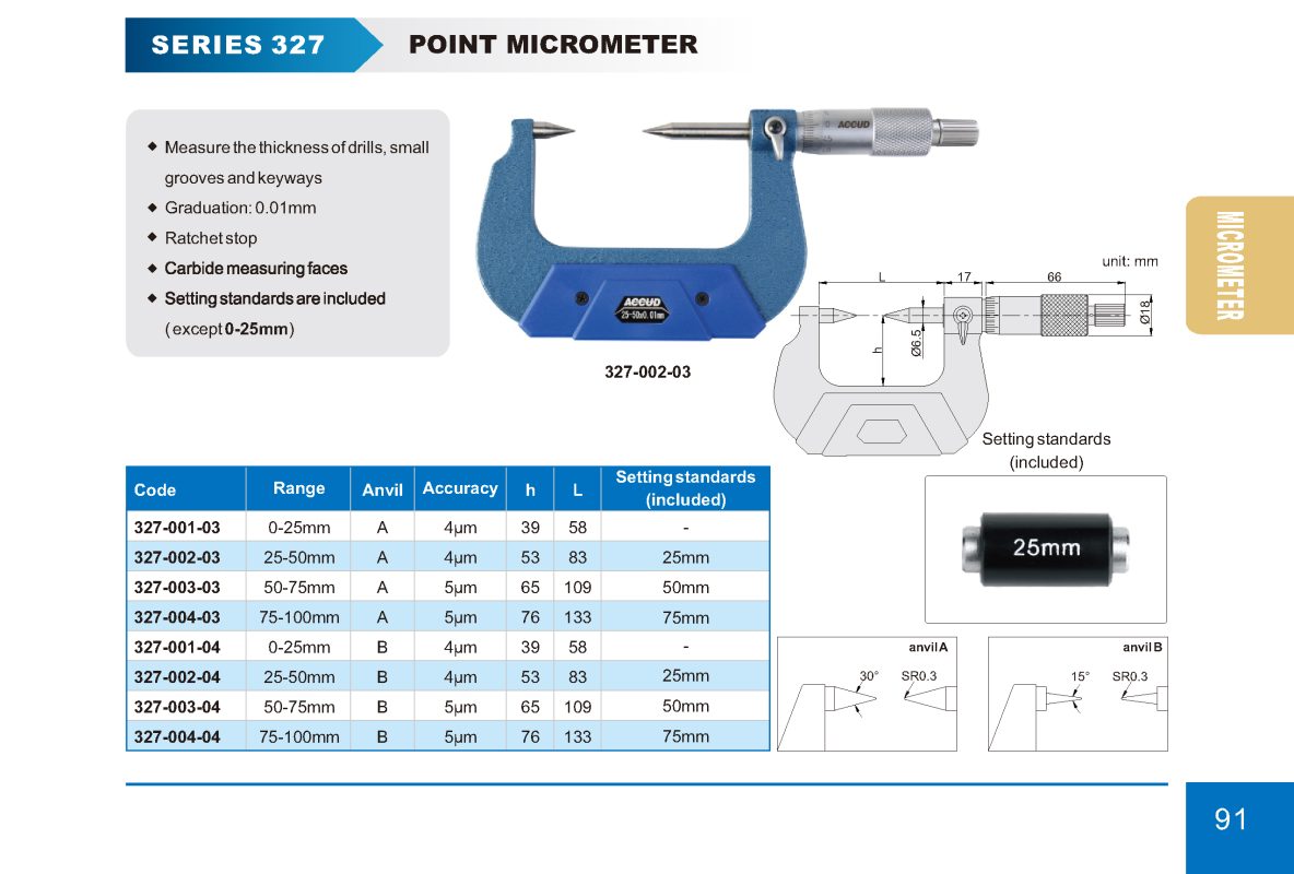 ميكرومتر خارجى عاده بنهايه نقطه لقياس الاجزاء الرفيعه والجروف الصغيره 0 / 25 مم دقة 0.01 مم 327 إنفينيتي للتجارة