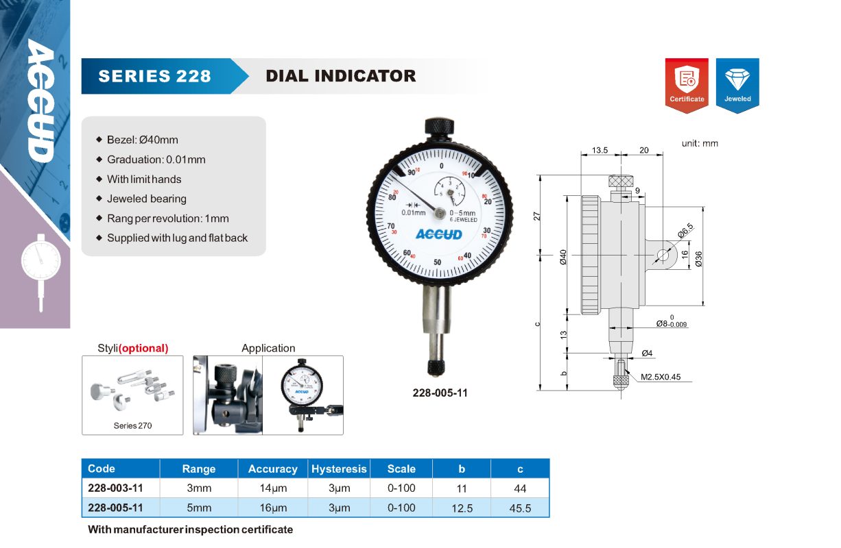 ساعة شنكار قطر صغير 5 مم دقة 0.01مم بحامل خلفي اضافي كود 228-005-11 228 إنفينيتي للتجارة