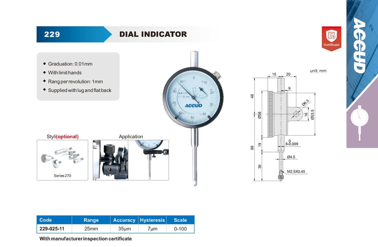 ساعة شنكار 25مم دقة 0.01مم بحامل خلفي اضافي كود 229-025-11 229 025 11 إنفينيتي للتجارة